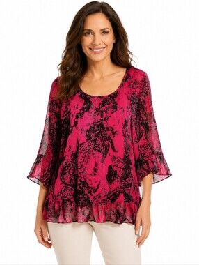 Sara Michelle Red & Black Sequin Blouse with Batwing Sleeves, Size 1X
